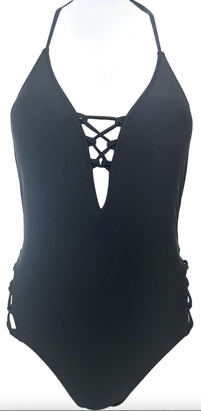 NEW EXPRESS SWIM BLACK LACE UP HALTER ONE PIECE SWIMSUIT SIZE XS